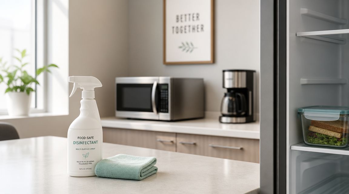 A food-safe disinfectant spray bottle and a cleaning cloth sitting on a kitchen counter near a refrigerator.