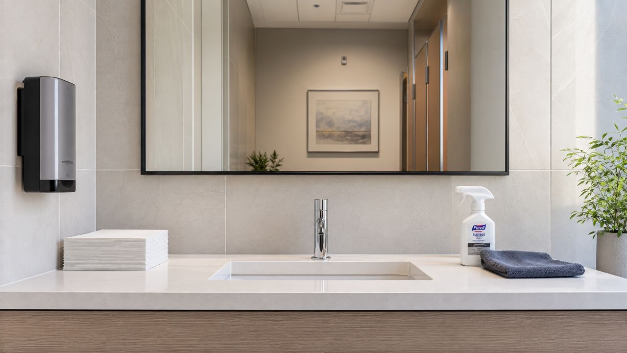 A modern restroom sink area featuring a hand soap dispenser, paper towels, a spray bottle, and a plant.