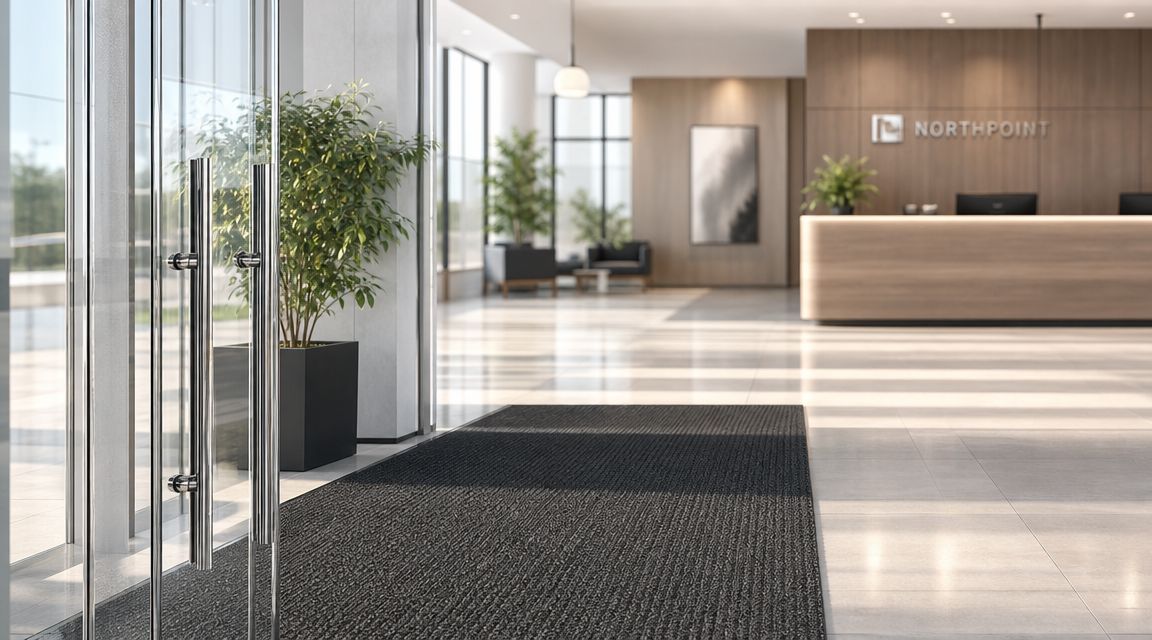 A clean, modern office building lobby with a professional entrance, welcome desk, and polished tiled flooring.