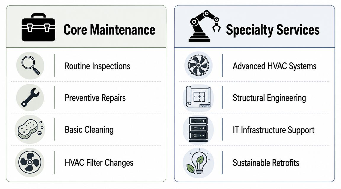 A comparison chart showing core maintenance tasks and specialty services for professional building facility management.