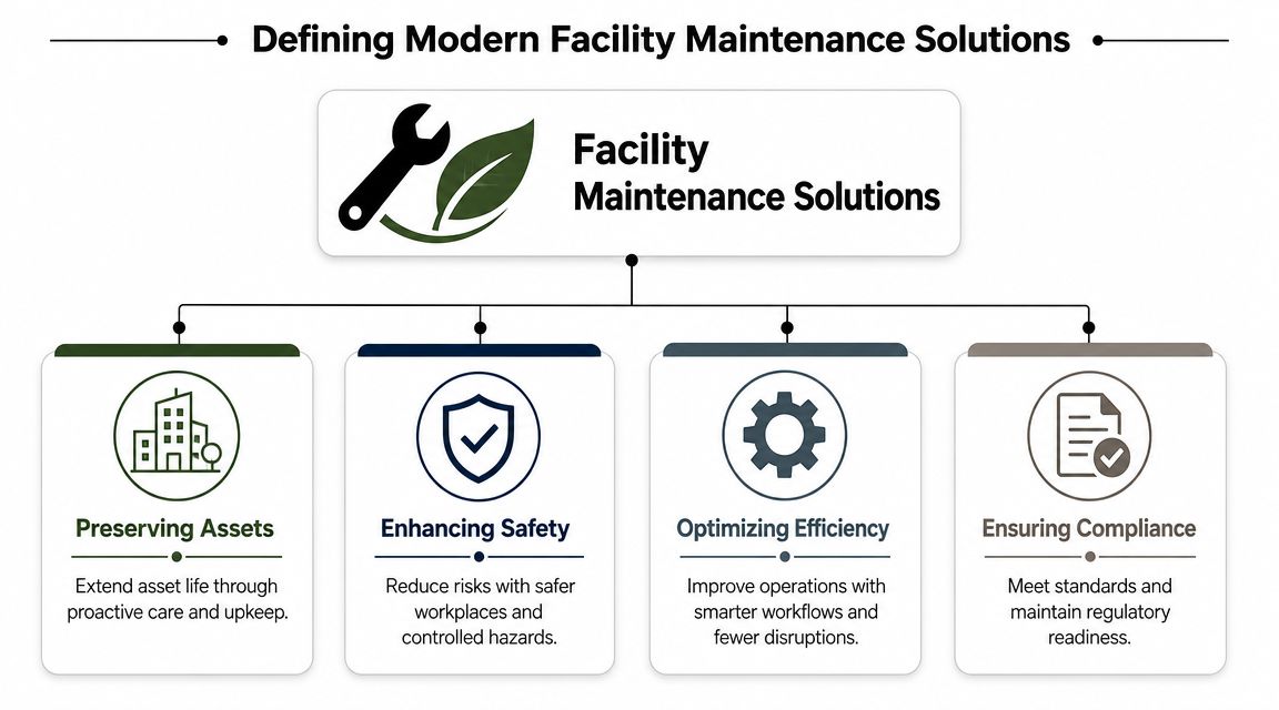 A diagram illustrating the four pillars of modern facility maintenance solutions: assets, safety, efficiency, and compliance.
