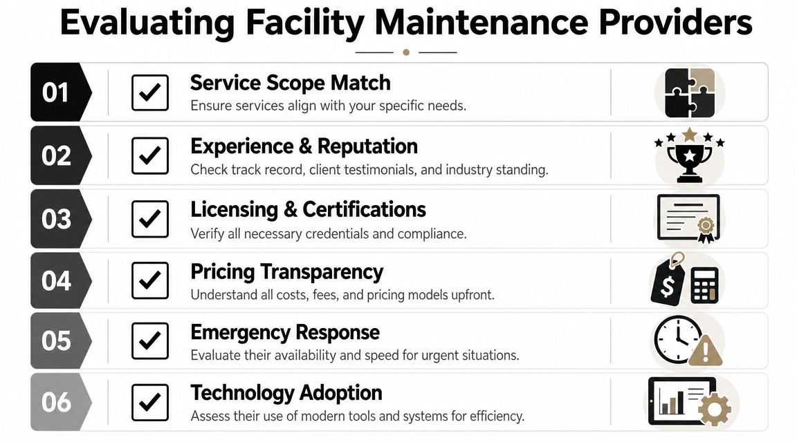 A numbered checklist for evaluating facility maintenance providers, focusing on services, reputation, compliance, pricing, emergency response, and technology.