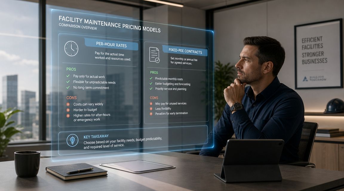 A professional man looks at a holographic display comparing per-hour rates and fixed-fee facility maintenance pricing models.