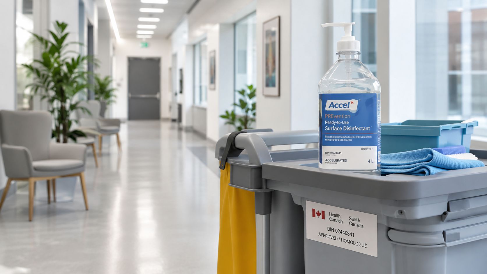 A professional cleaning cart with Health Canada approved disinfectant supplies in a bright, modern hospital hallway.