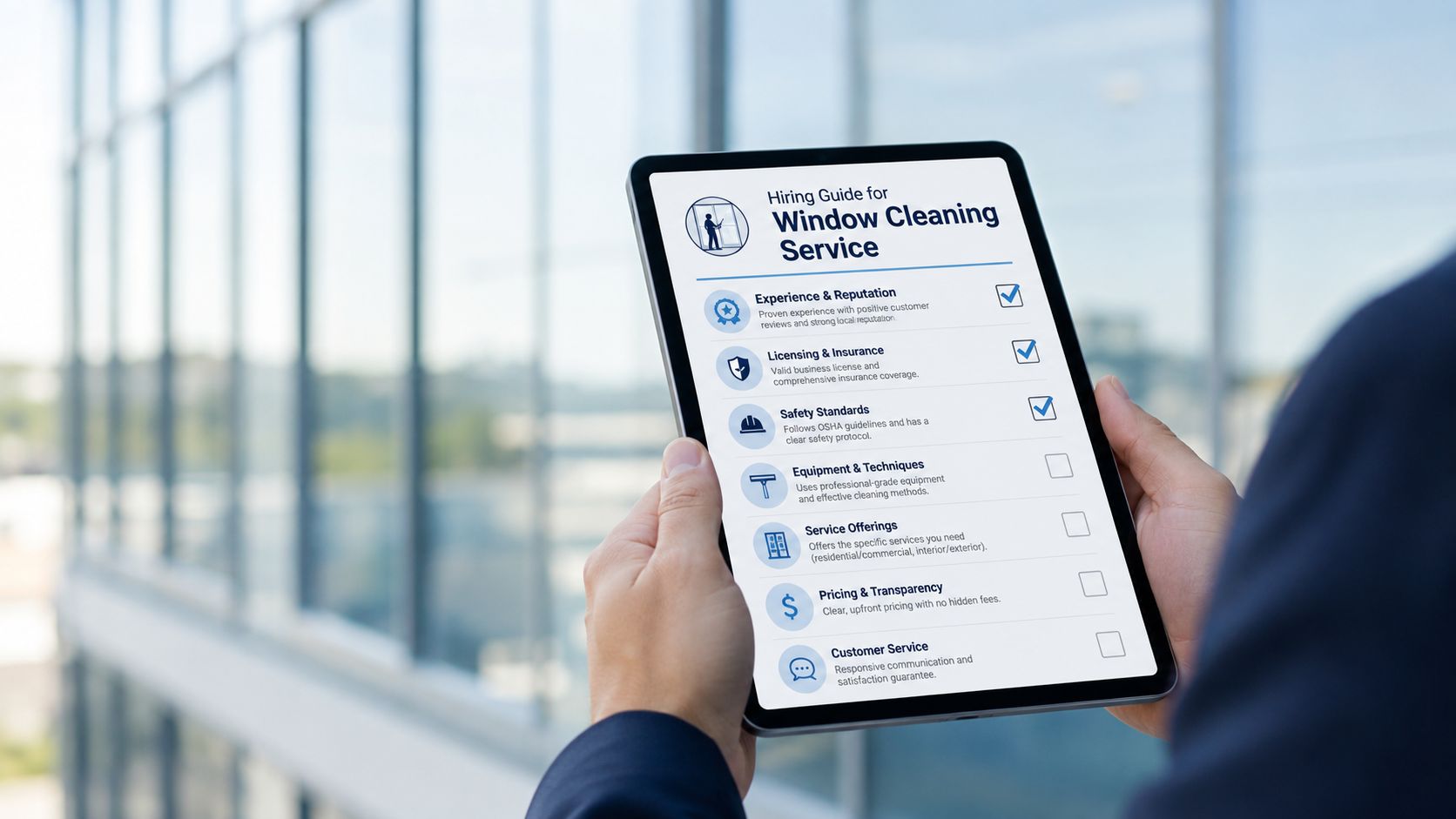 A person holding a tablet displaying a checklist guide for hiring a professional window cleaning service.