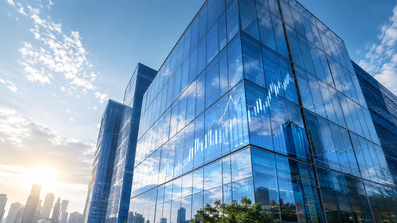 A modern glass skyscraper reflecting a digital stock market trend chart against a bright blue sky.