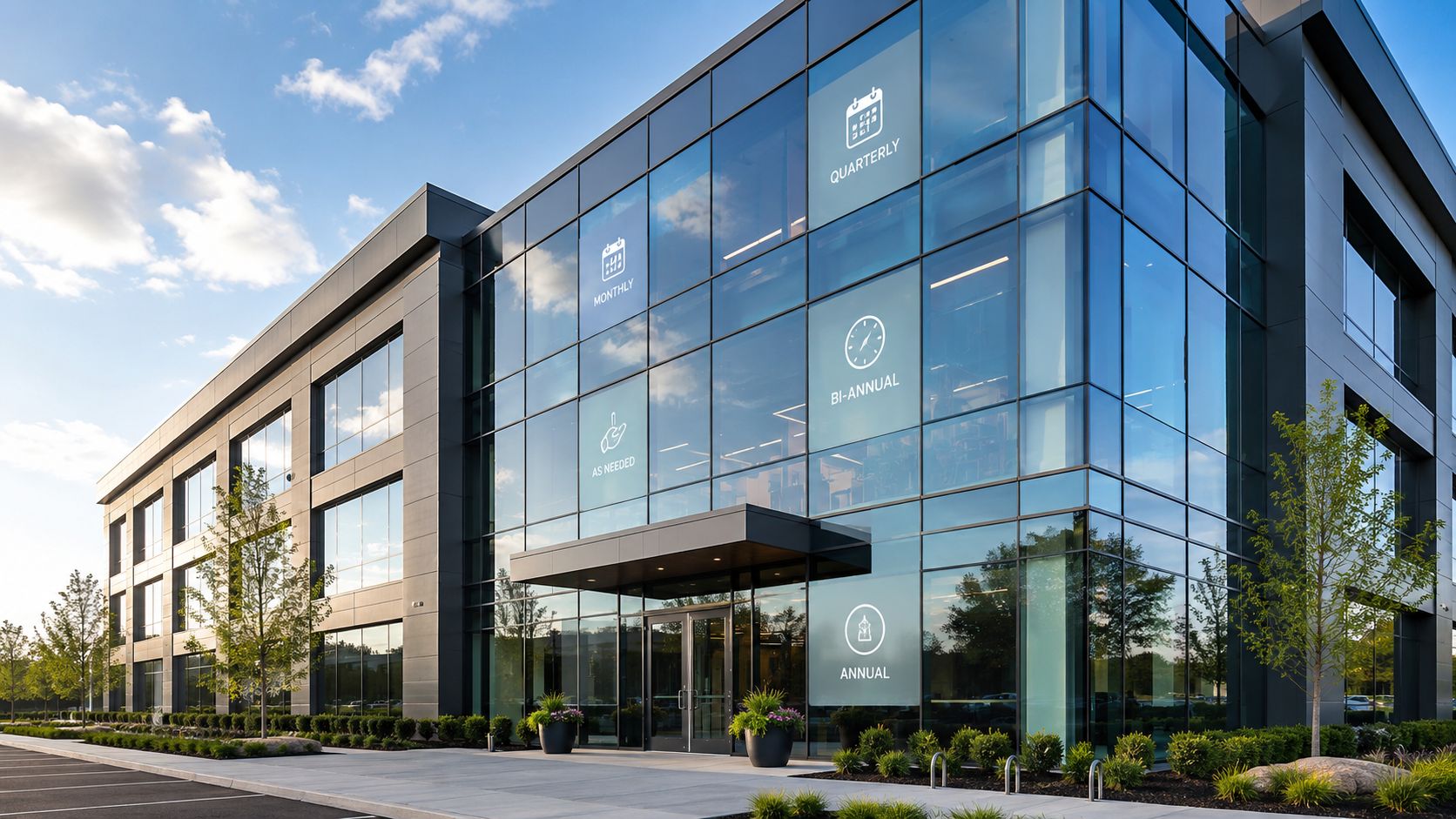 A modern corporate office building facade with windows labeled for quarterly, monthly, bi-annual, and annual cleaning schedules.