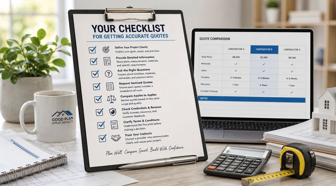 A clipboard with a home project checklist next to a laptop displaying contractor quote comparisons.