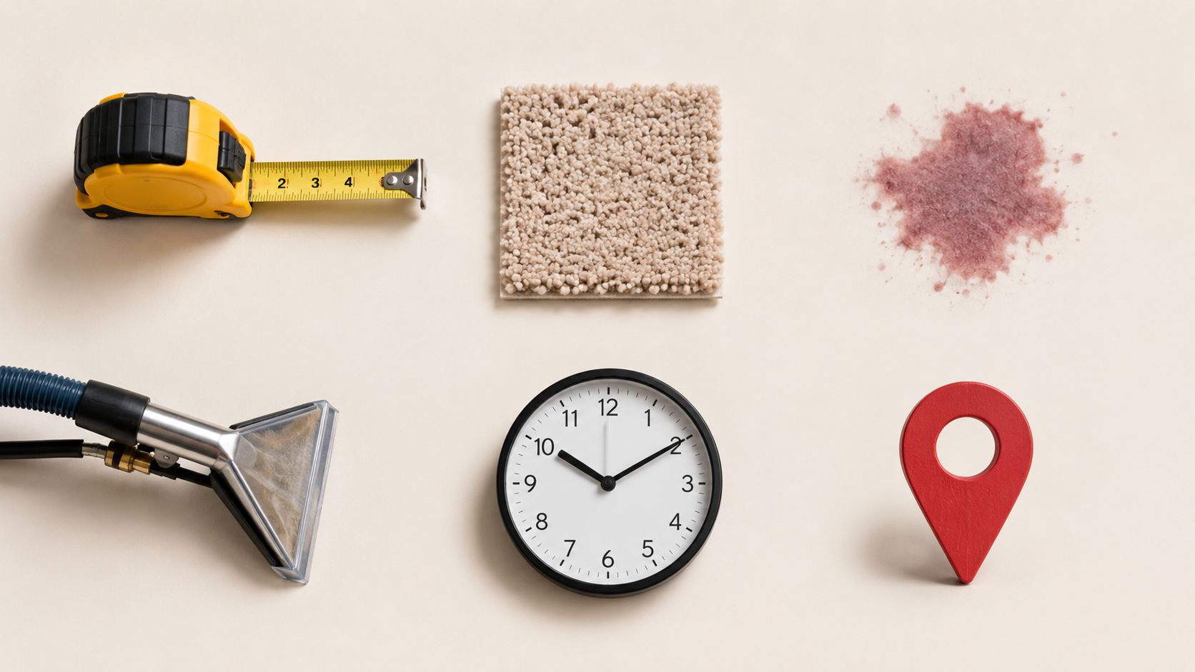 Flat lay of professional carpet cleaning equipment, a stained carpet sample, measuring tape, clock, and location pin.