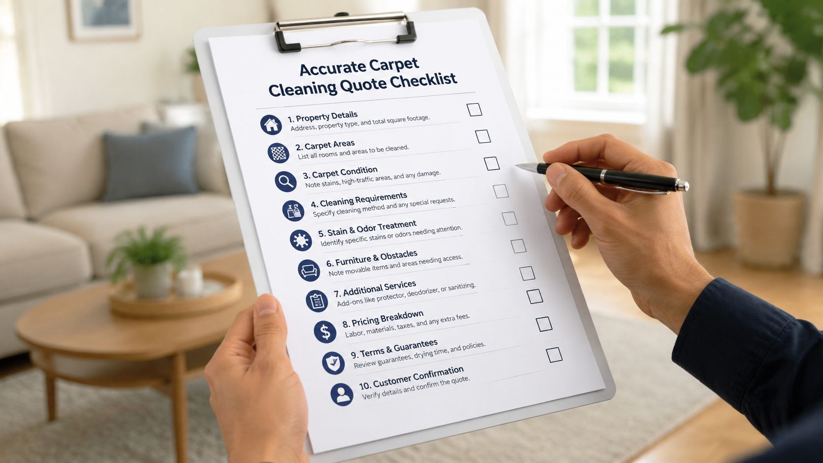 A professional holding a clipboard with an Accurate Carpet Cleaning Quote Checklist in a living room.