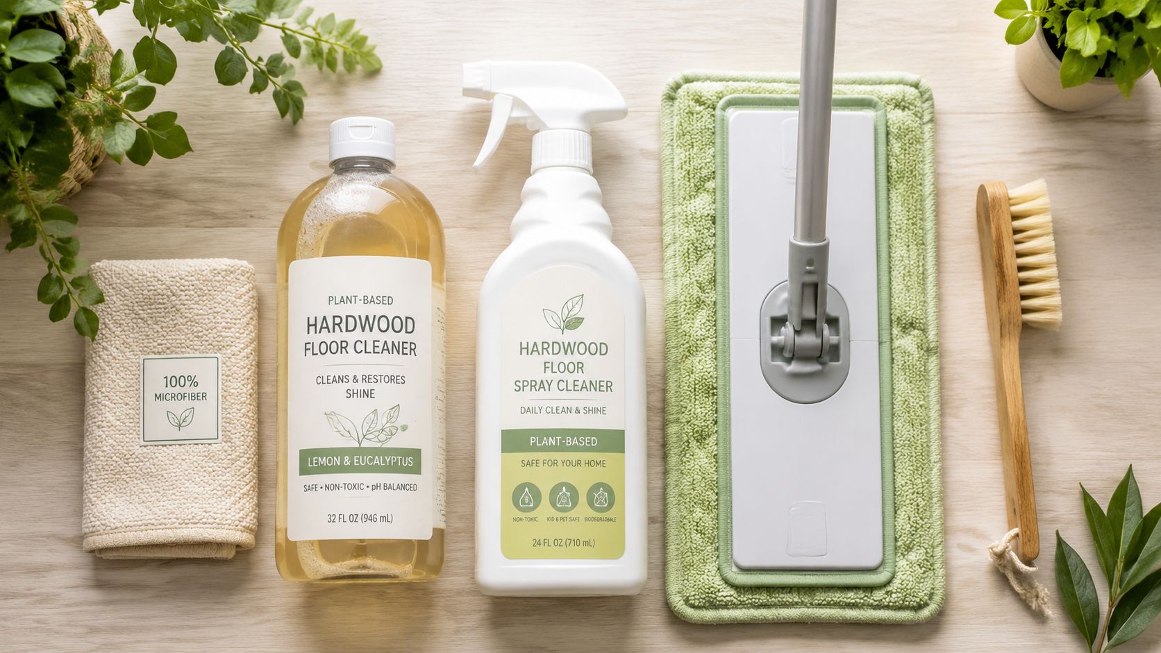 A collection of eco-friendly hardwood floor cleaning supplies including bottles, a mop, a microfiber cloth, and brushes.