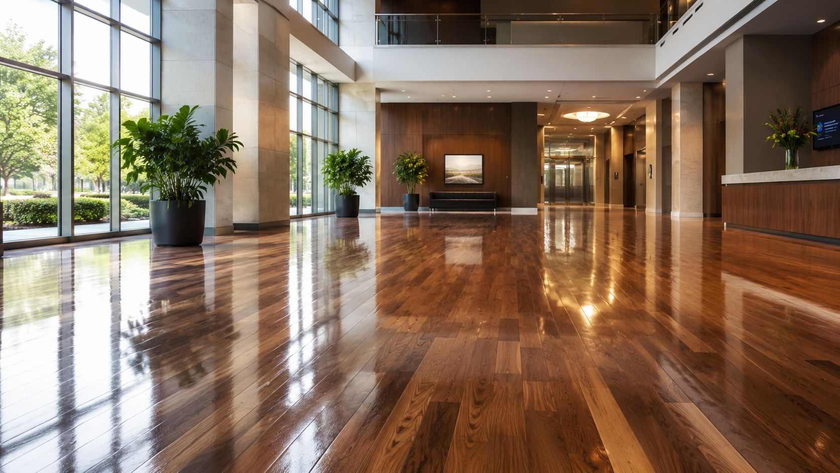 A modern building lobby featuring high ceilings, large windows, polished hardwood floors, and indoor potted plants.