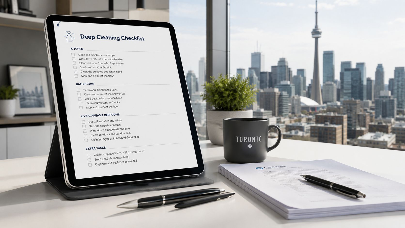A digital tablet showing a deep cleaning checklist on a desk overlooking the Toronto city skyline.