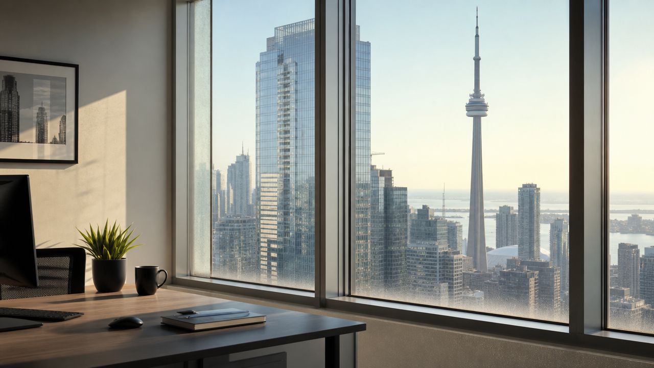 A modern office workspace with a view of the Toronto city skyline and the CN Tower.