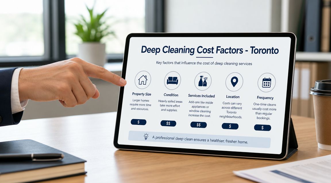 A hand pointing at a tablet screen displaying an infographic about deep cleaning cost factors in Toronto.