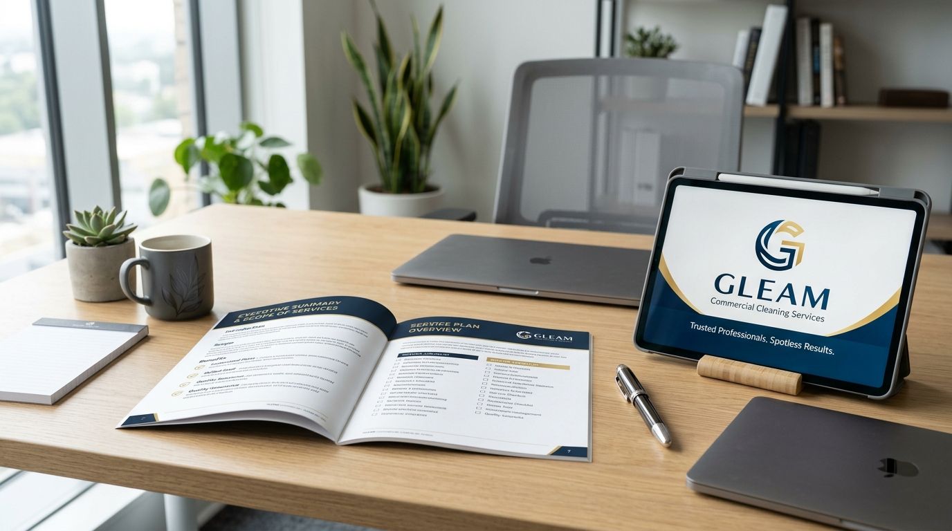A professional office desk with an open cleaning proposal document, tablet displaying Gleam logo, and laptop.