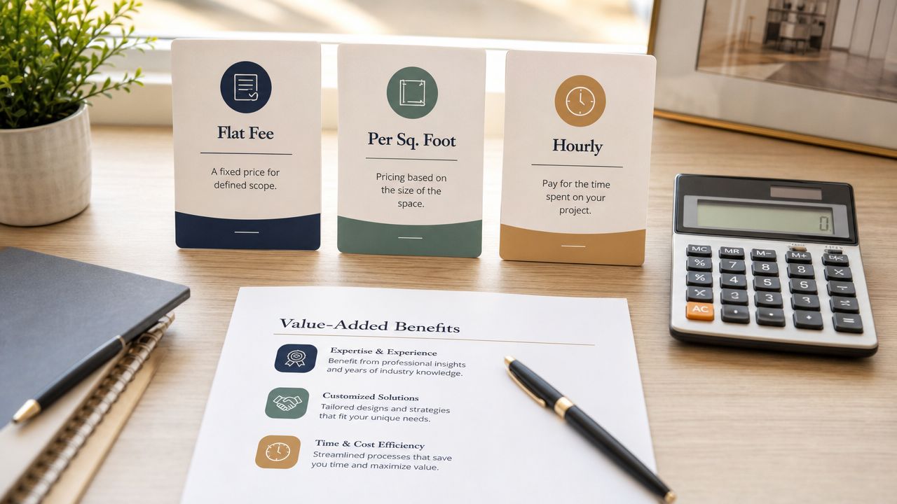 A professional workspace featuring pricing model cards, a value-added benefits document, a calculator, and a notebook.