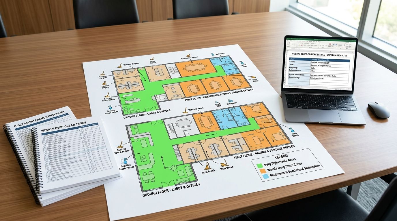 A professional office cleaning proposal featuring floor plan layouts, maintenance checklists, and a laptop on a table.