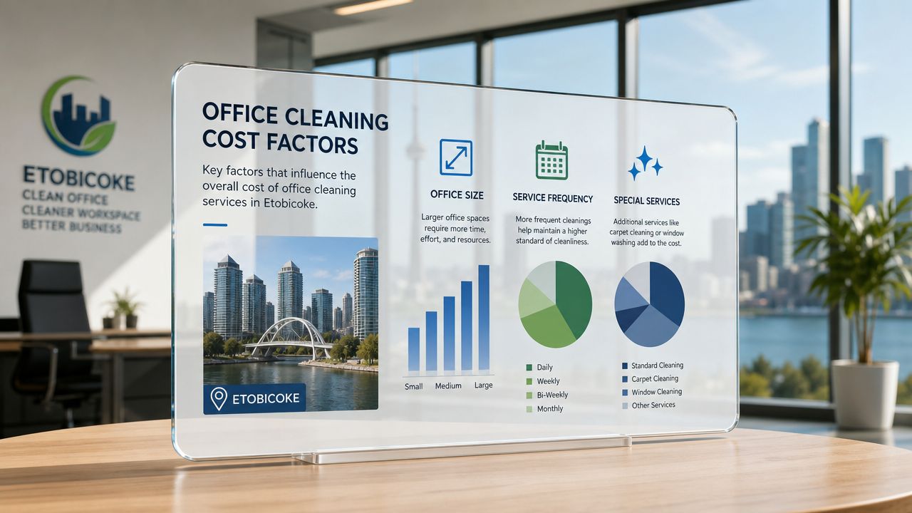 A transparent sign displays an infographic explaining office cleaning cost factors in Etobicoke on a wooden desk.