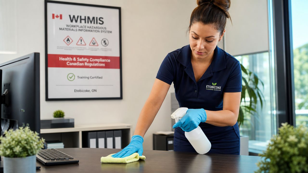 A professional cleaner in blue gloves wipes down an office desk with a yellow cloth and spray bottle.