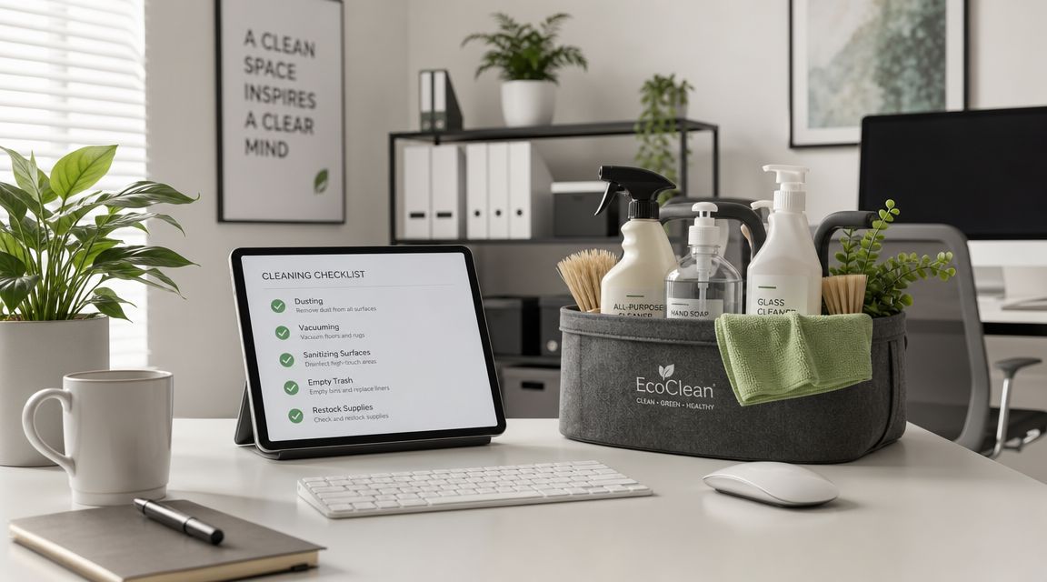 A clean office desk featuring a tablet with a cleaning checklist, cleaning supplies, and office stationery.