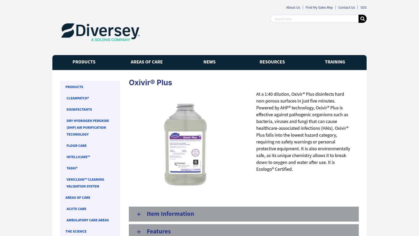 Diversey Oxivir Plus Disinfectant Cleaner Concentrate
