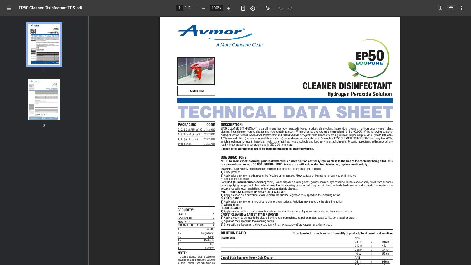 Avmor EcoPure EP50 Cleaner Disinfectant