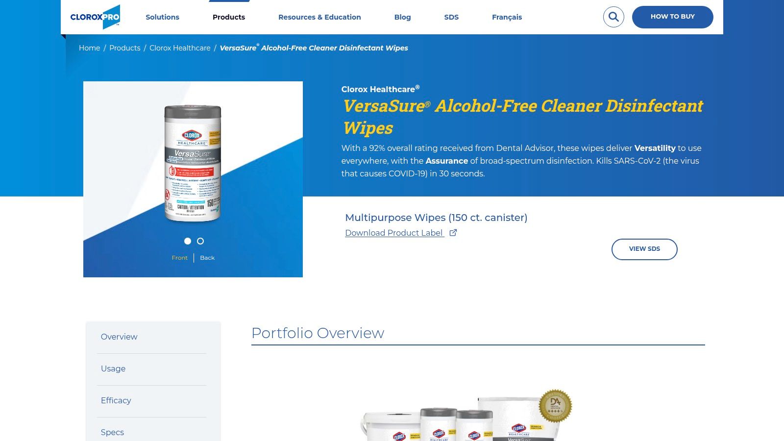Clorox Healthcare VersaSure Alcohol-Free Cleaner Disinfectant Wipes