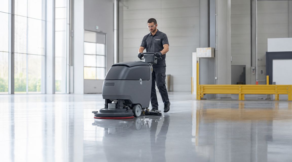 A professional cleaner uses a walk-behind floor scrubber to polish a large, shiny epoxy warehouse floor.