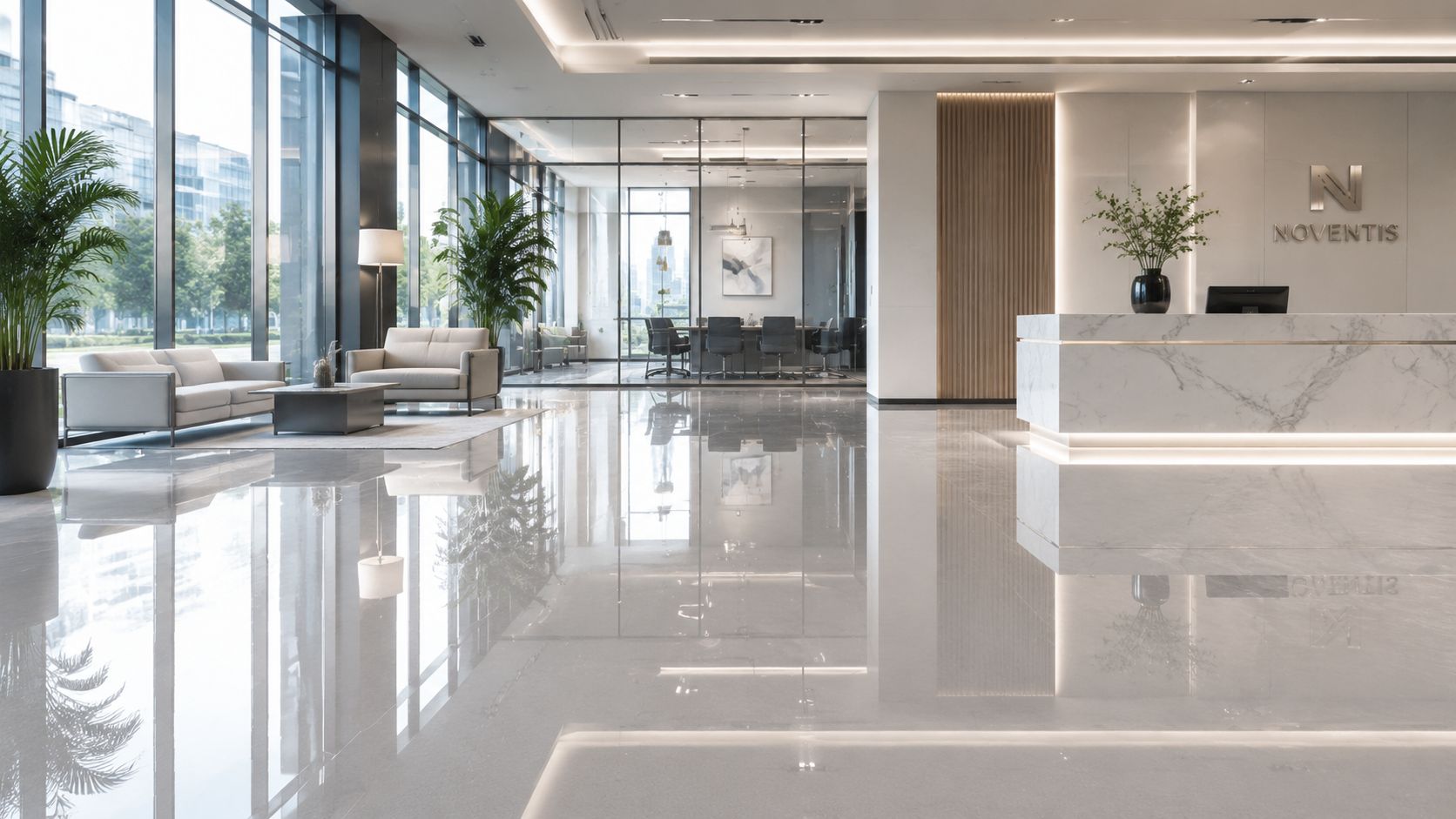 A modern, professional office lobby featuring polished epoxy floors, comfortable seating, and a sleek marble reception desk.