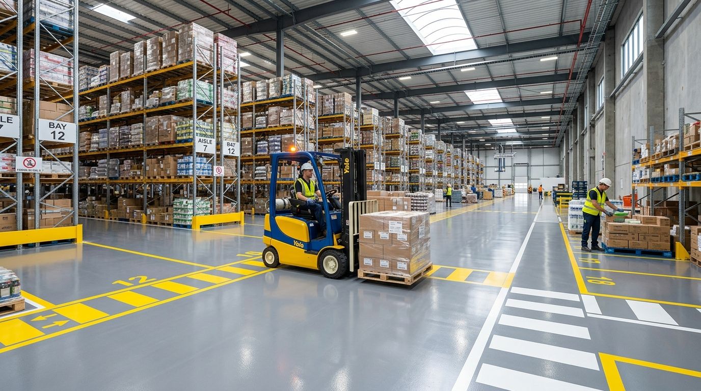 A forklift operator in a large industrial warehouse with clean epoxy flooring and high pallet racking.