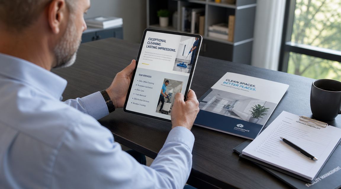 A professional man reviewing cleaning service details on a tablet in a modern office environment.