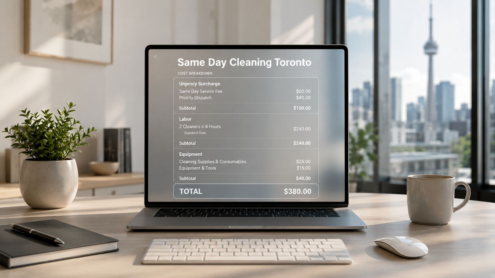 A laptop screen displaying a price breakdown for a same day cleaning service in Toronto on a desk.