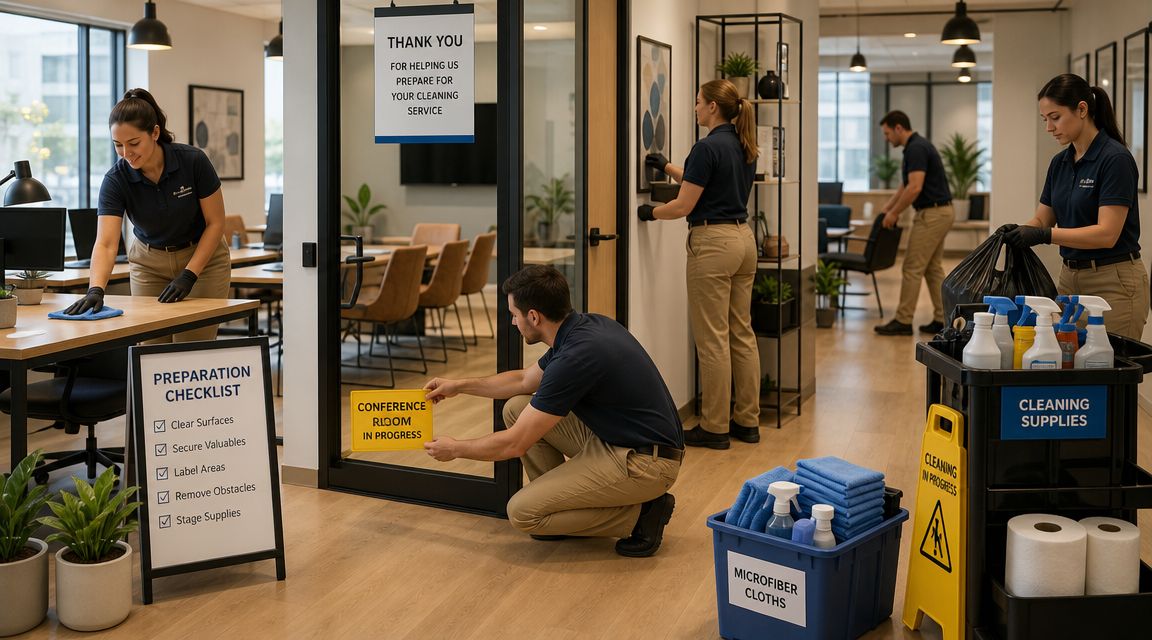 Professional cleaning crew working efficiently in a modern office space while maintaining a clean environment.