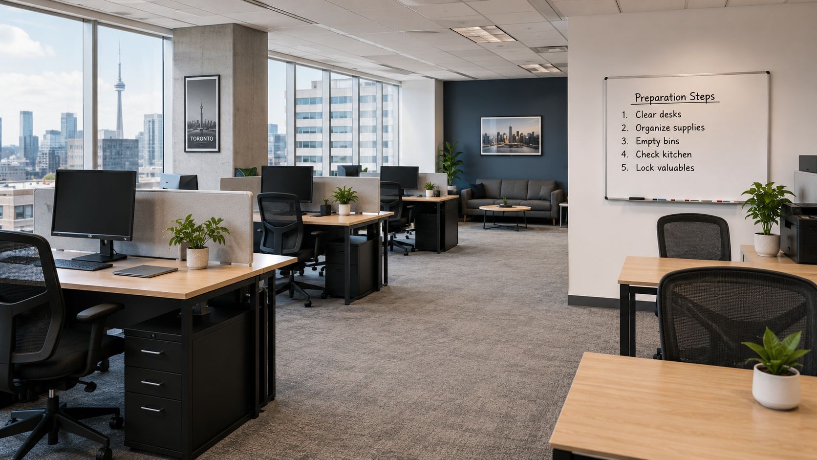 A modern, clean open-plan corporate office workspace in Toronto with desks, computers, and a preparation checklist board.