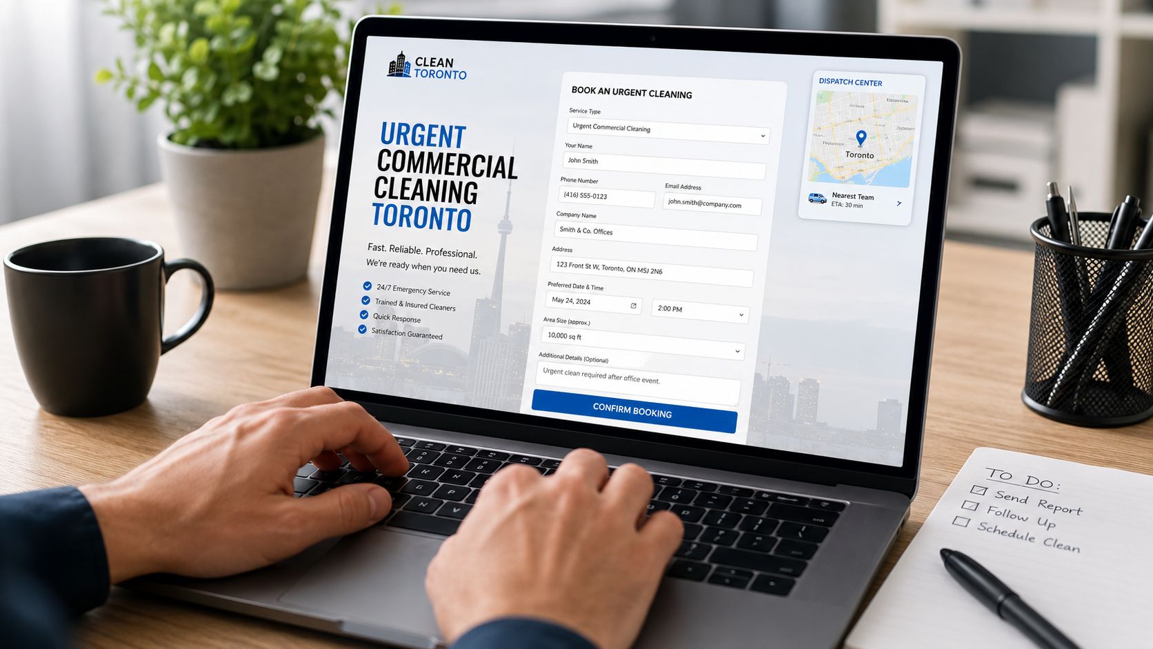 A person using a laptop to book an urgent commercial cleaning service for Toronto business offices online.