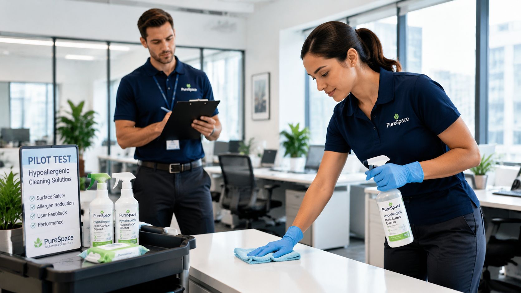 A professional cleaning crew wearing PureSpace uniforms sanitizing office furniture during a product pilot test.
