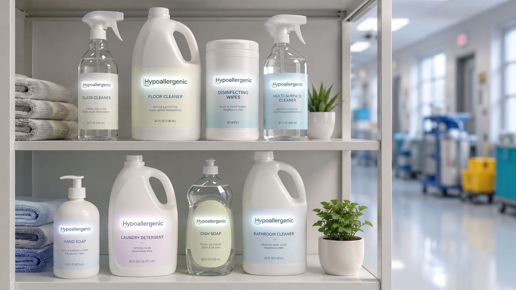 A shelf displaying various hypoallergenic cleaning products in bottles and containers, neatly organized in a bright room.