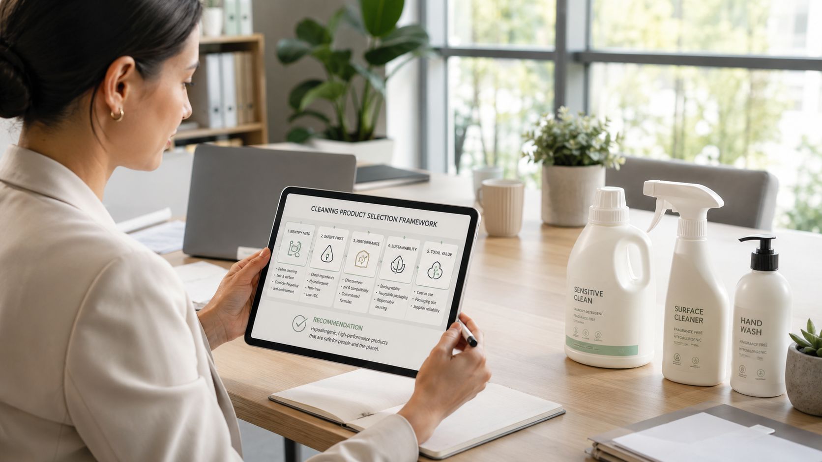 A businesswoman reviewing a cleaning product selection framework on her tablet in a modern office.