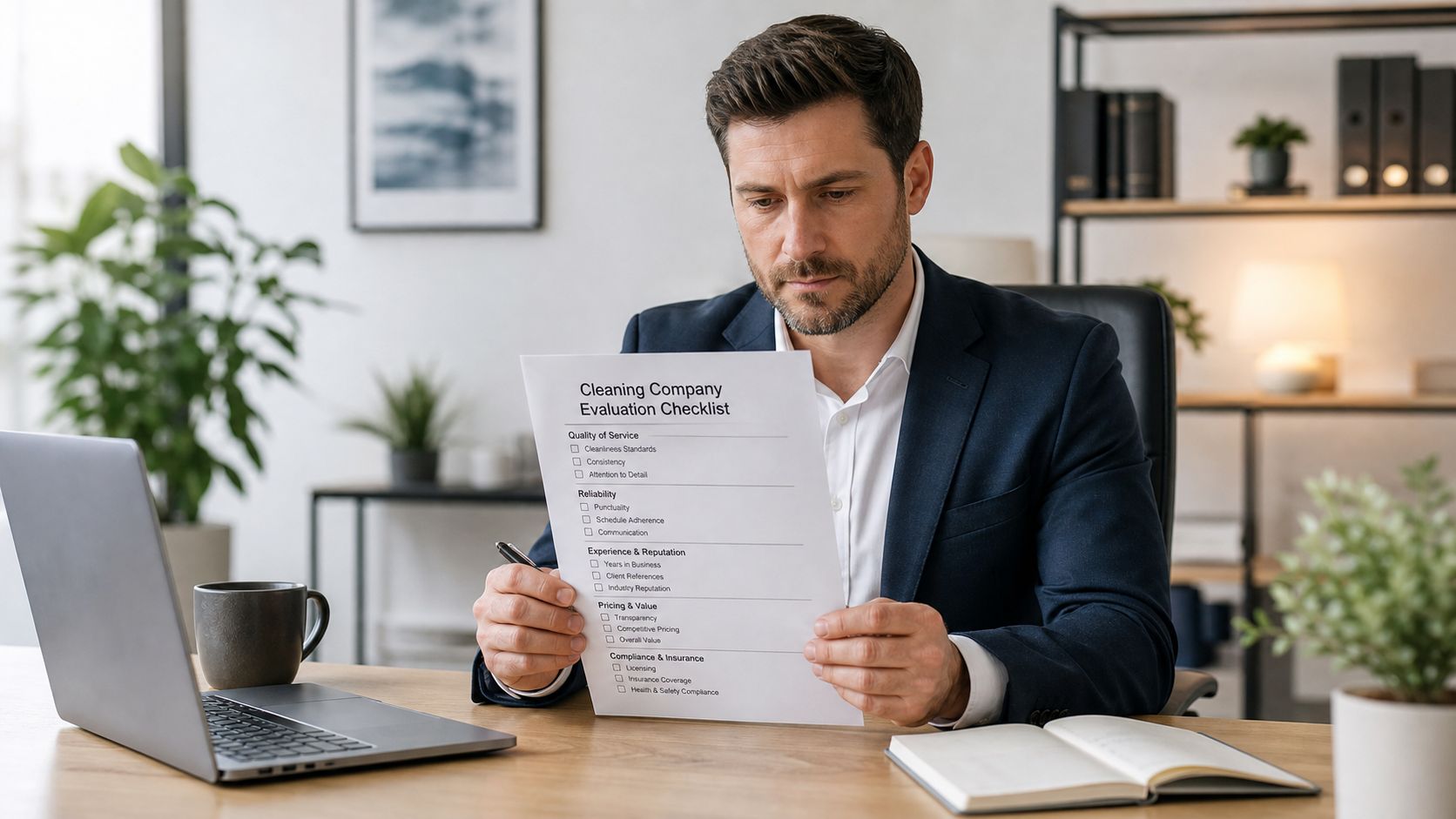 A professional man sitting at an office desk evaluating a cleaning company checklist for his business.