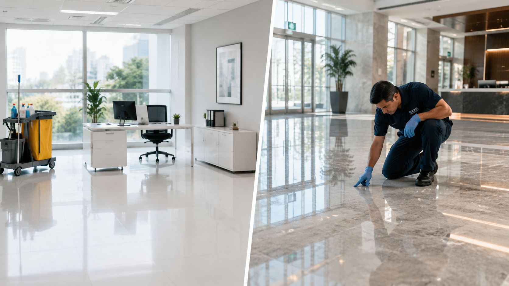 A professional cleaner inspecting a polished marble floor in a bright commercial office building lobby area.