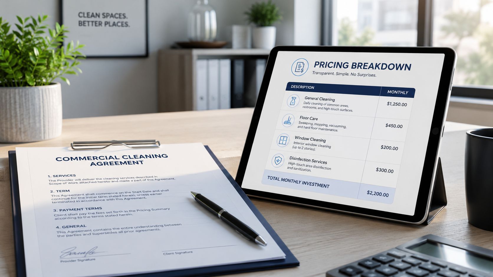 A professional desk setup featuring a tablet displaying a commercial cleaning service pricing breakdown and a paper contract.