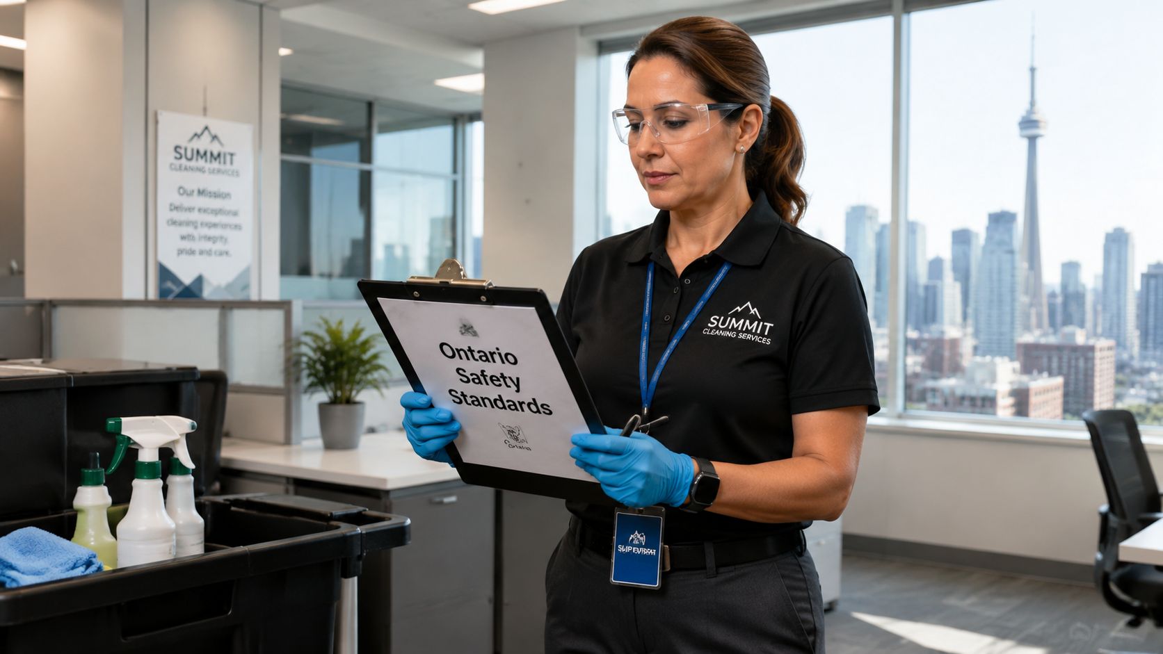 A professional cleaning supervisor reviewing Ontario safety standards in a modern office with a Toronto city view.
