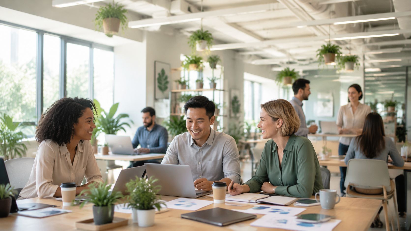A diverse group of professional colleagues collaborating in a bright, modern office with many indoor plants.