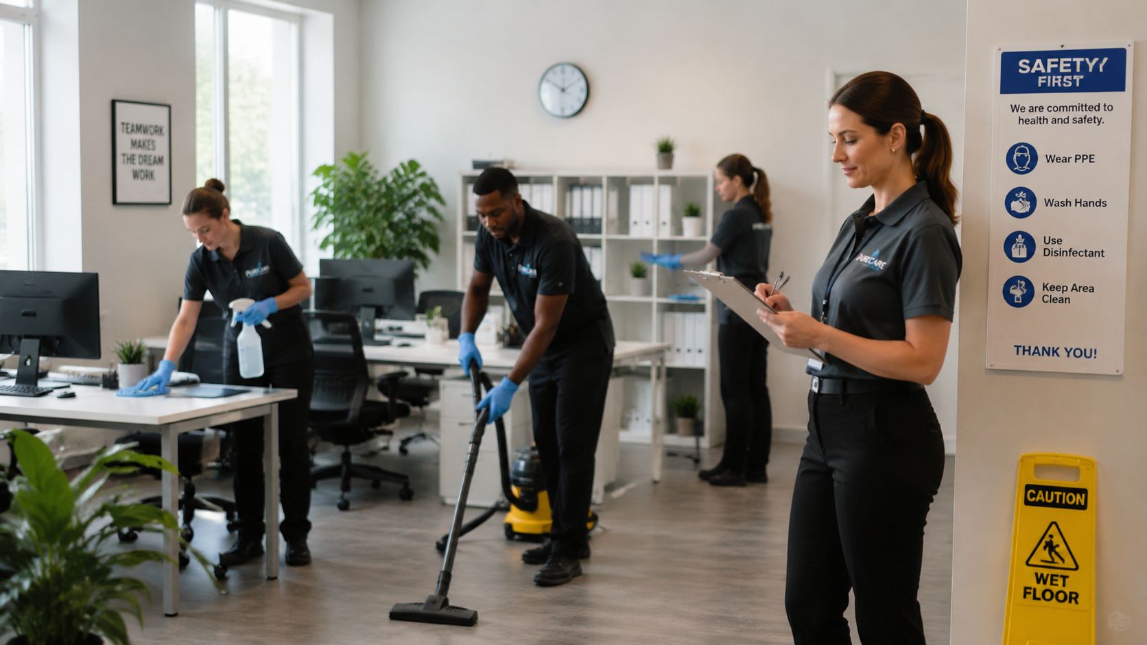 A professional cleaning crew working in a modern office space, wearing uniforms and protective blue gloves.