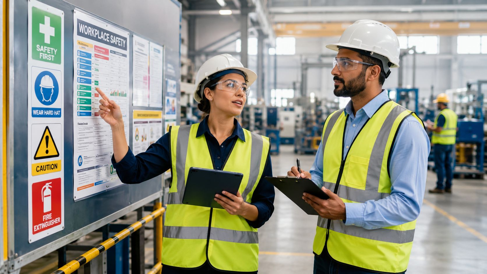 Industrial safety managers reviewing a workplace safety chart in a manufacturing facility factory floor setting.