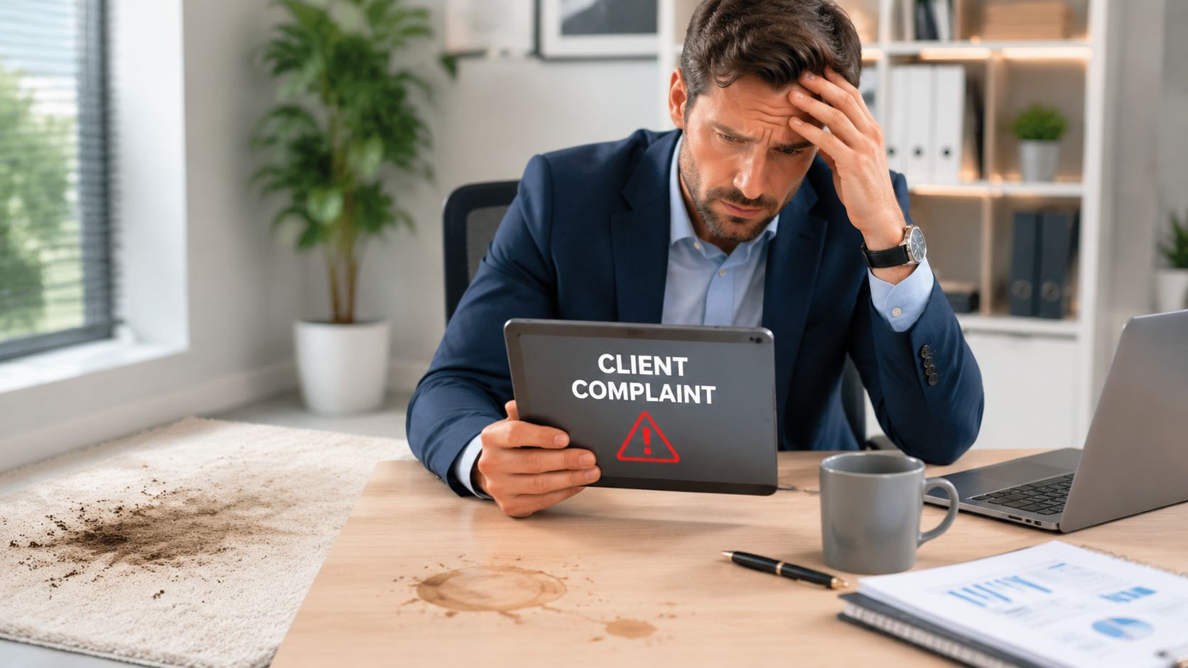 A stressed businessman looks at a tablet displaying a client complaint notification in a messy office.