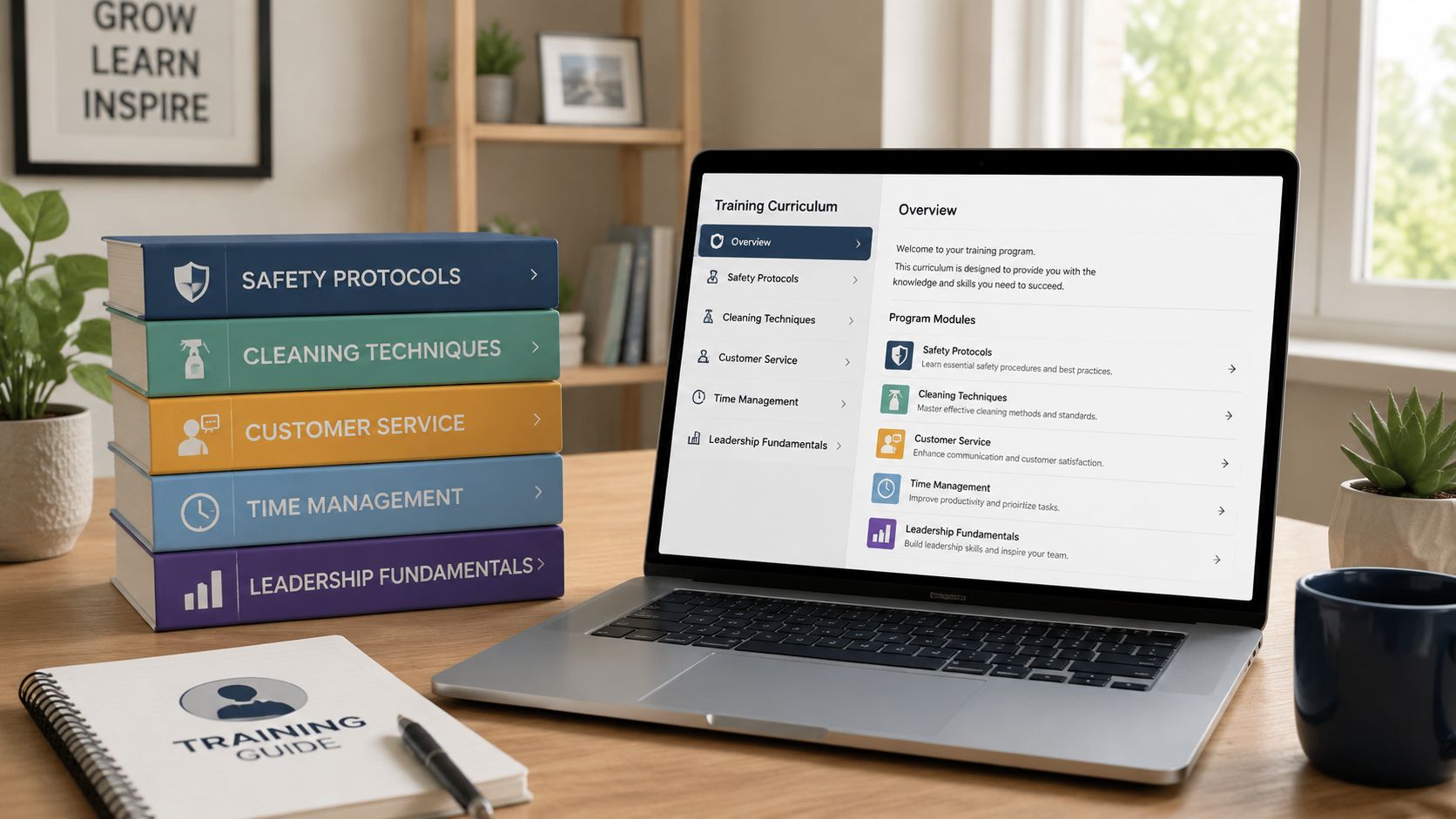 A laptop showing a digital training curriculum next to a stack of books titled with cleaning topics.