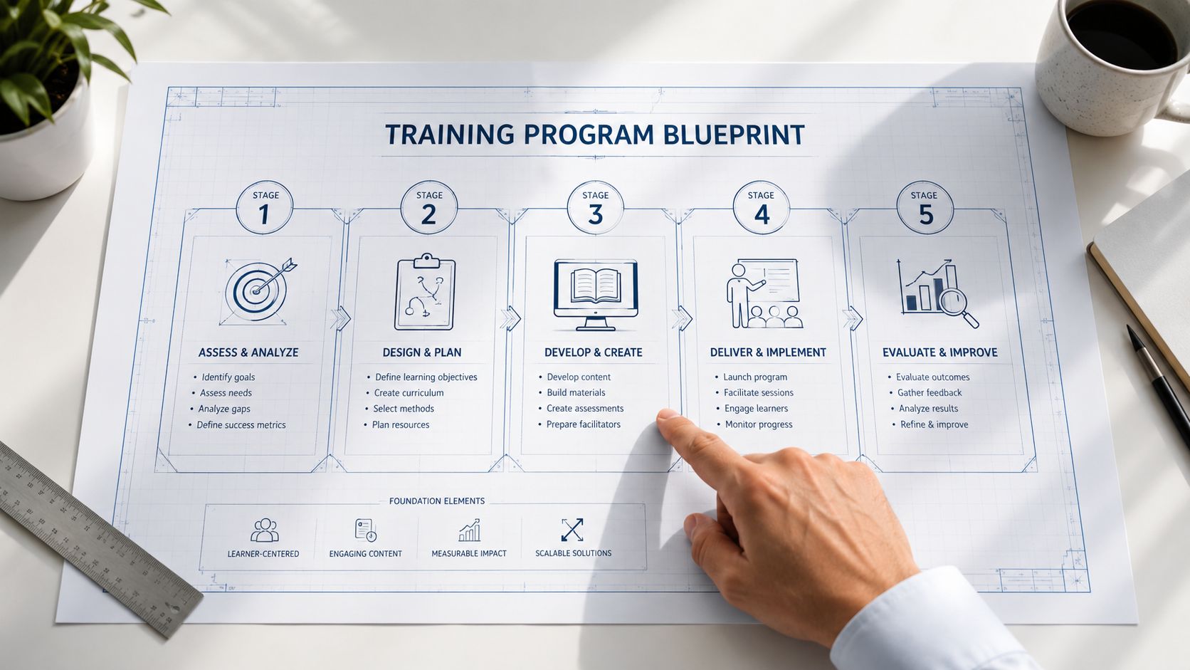 A hand pointing to a professional five-stage training program blueprint layout on a desk surface.