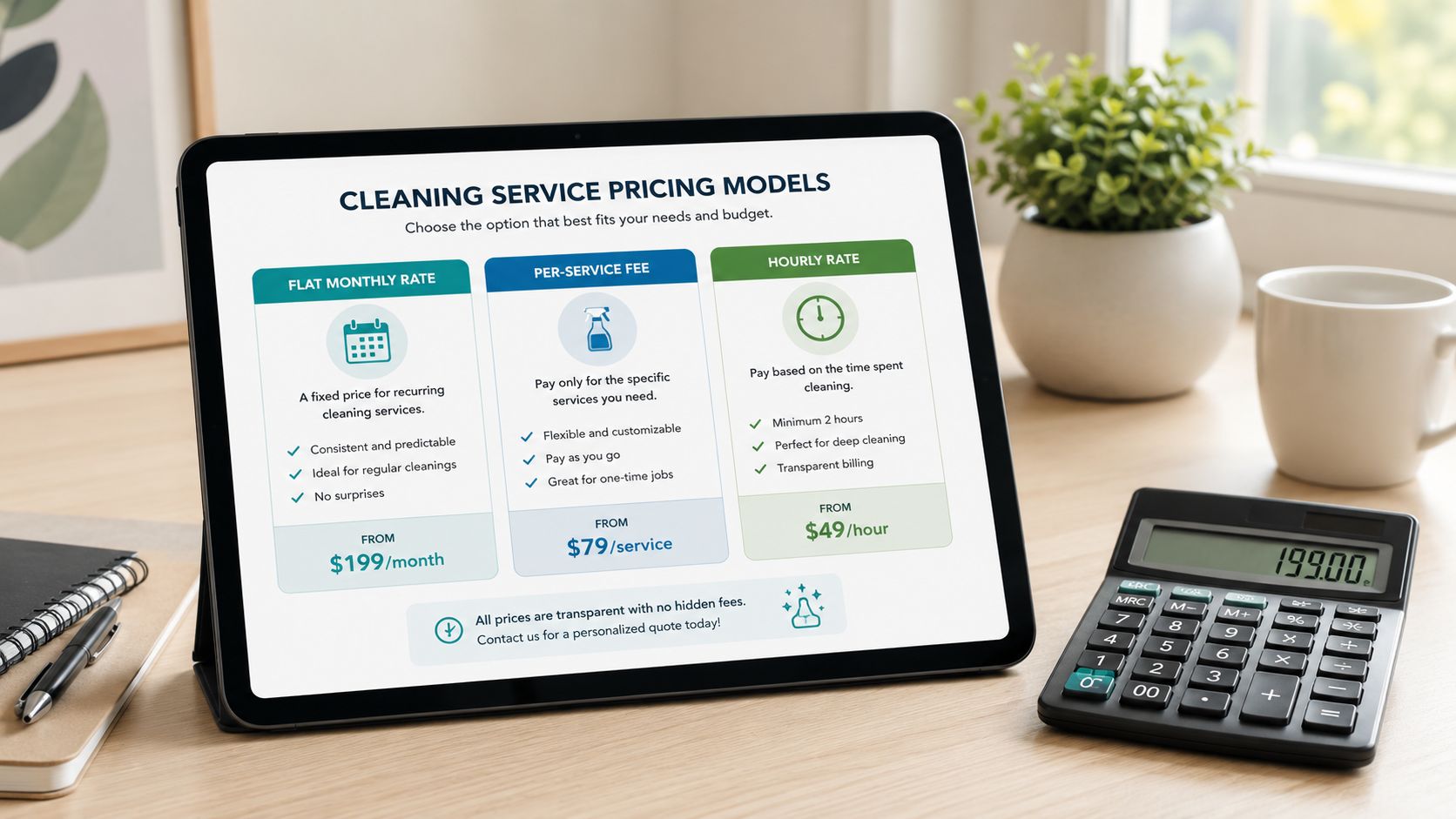 A digital tablet displaying various cleaning service pricing models on a wooden desk next to a calculator.